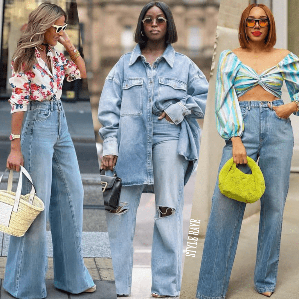 Three stylish women wearing wide-leg jeans in different street-style outfits.