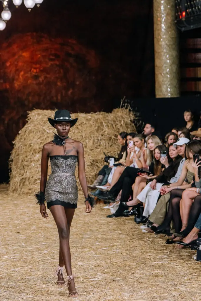 Metallic strapless mini dress with cowboy hat