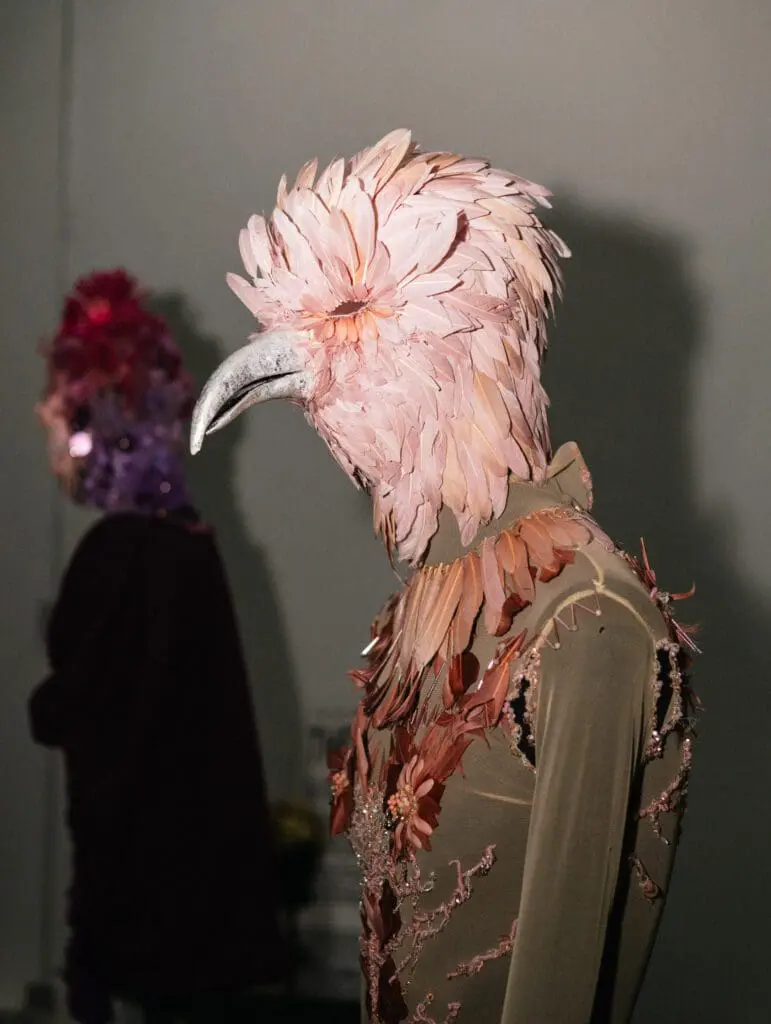 Costume with pink feather mask displayed at exhibition
