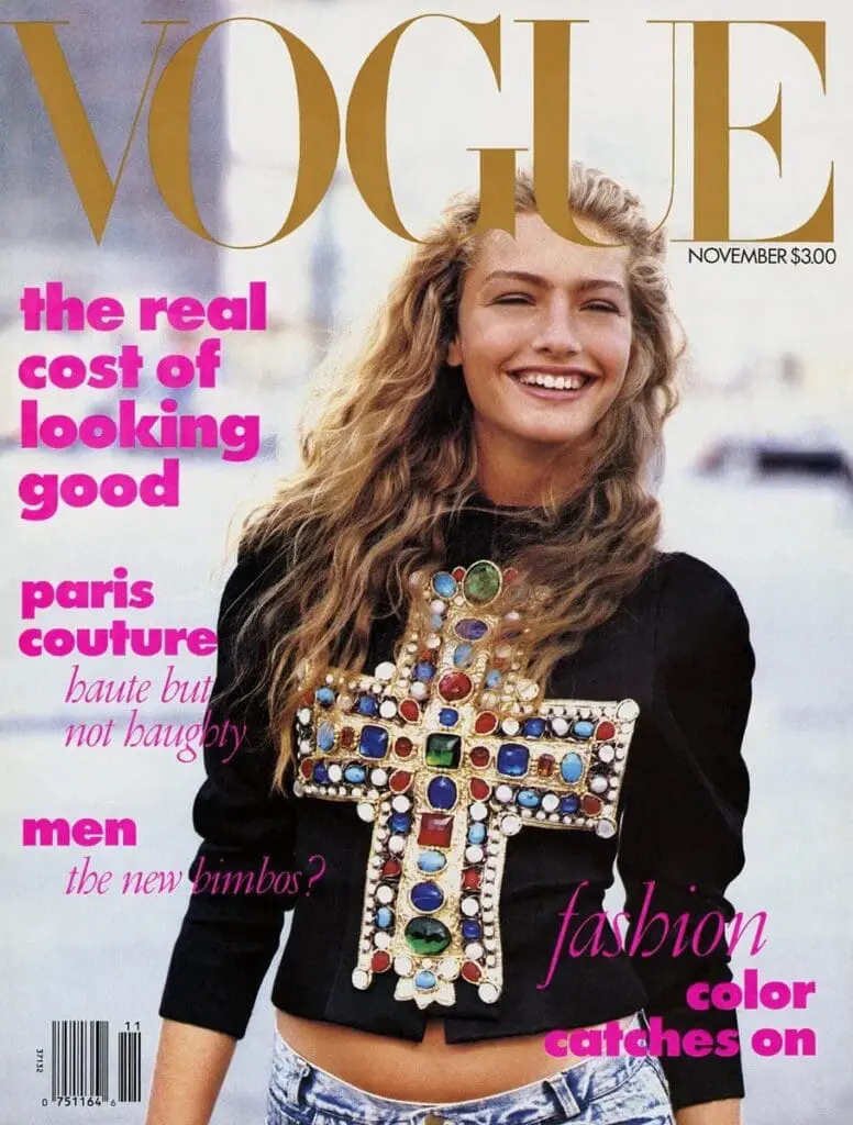 Michaela Bercu wearing Lacroix jacket and Guess jeans on November 1988 Vogue US cover
