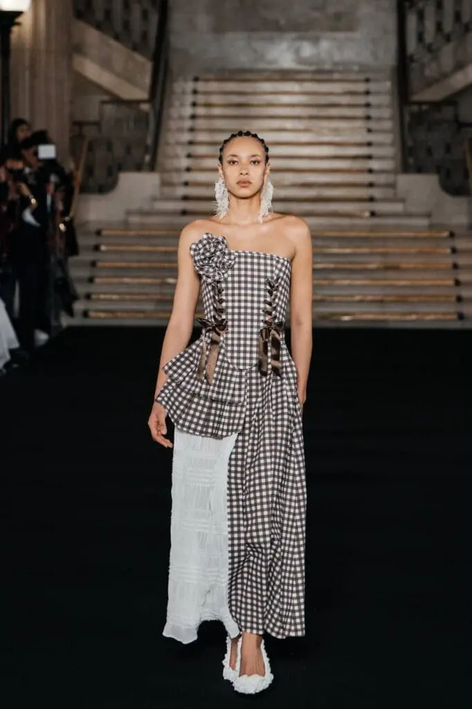 Brown gingham asymmetric dress with lacing