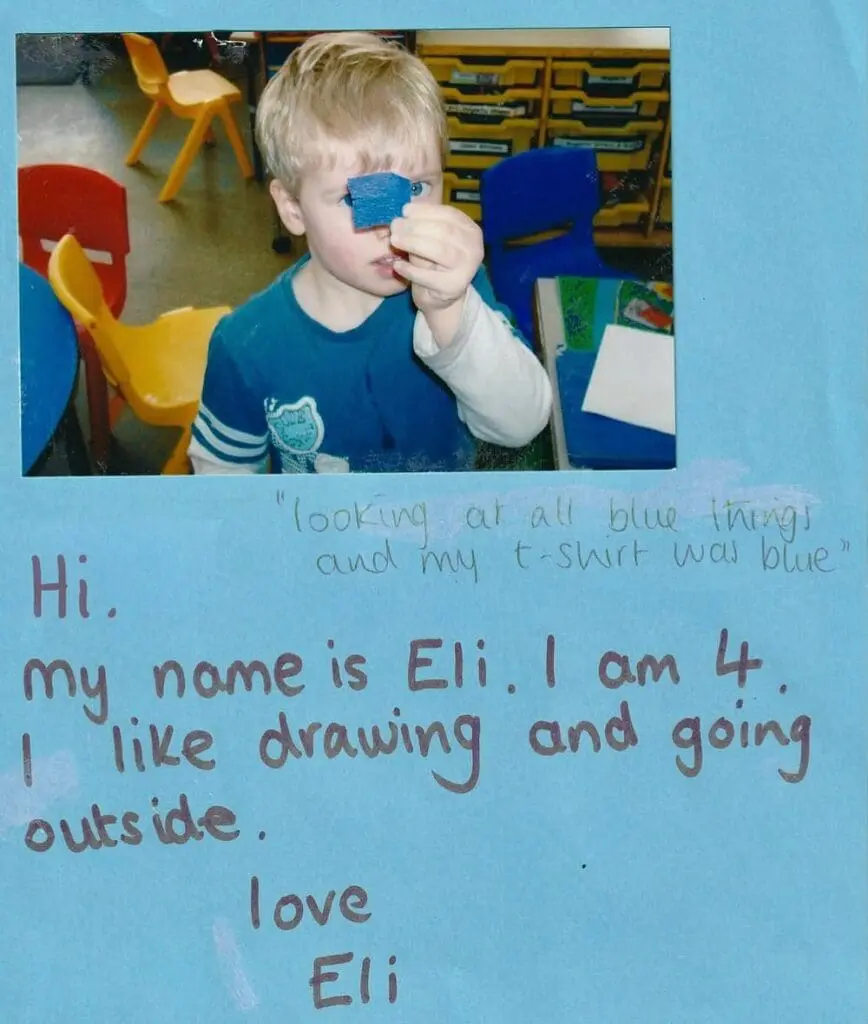 Child Eli with handwritten note about drawing