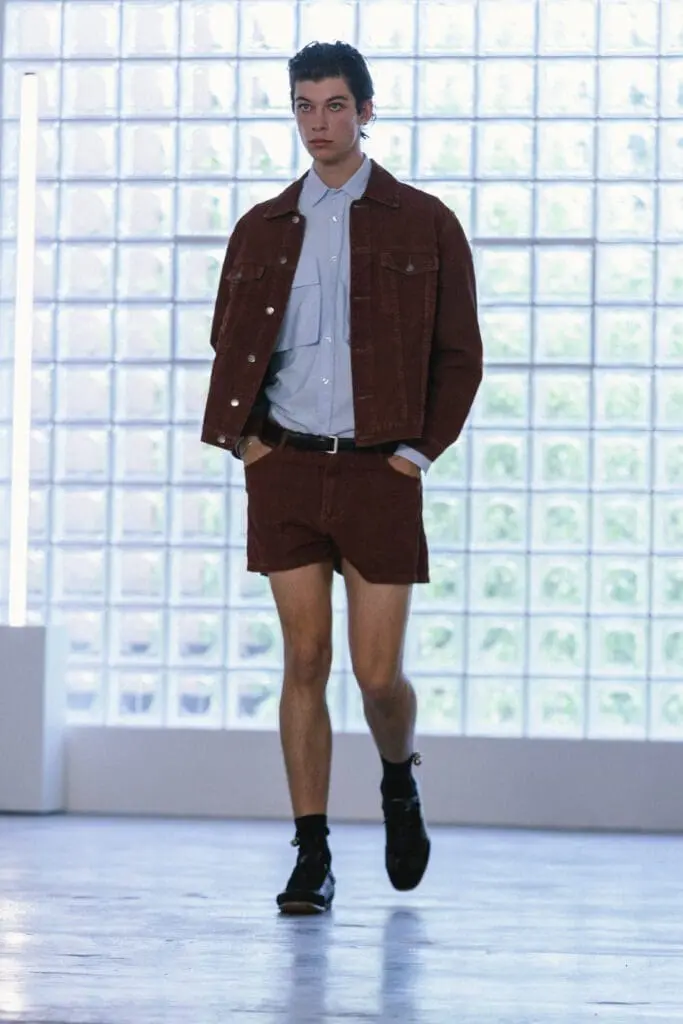 Brown denim jacket with blue shirt SS26