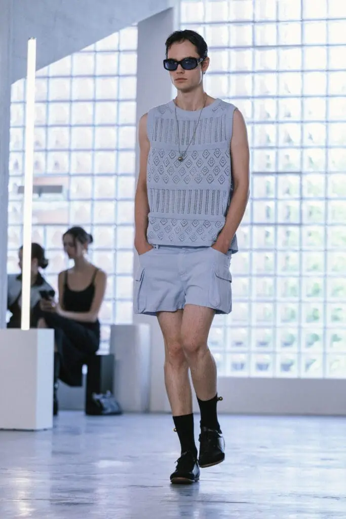Light blue crochet vest with cargo shorts SS26