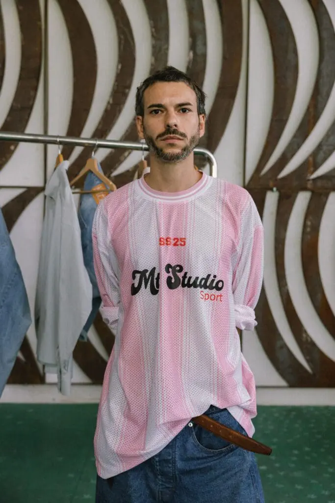 Male model in pink striped shirt MTLSTUDIO SS26