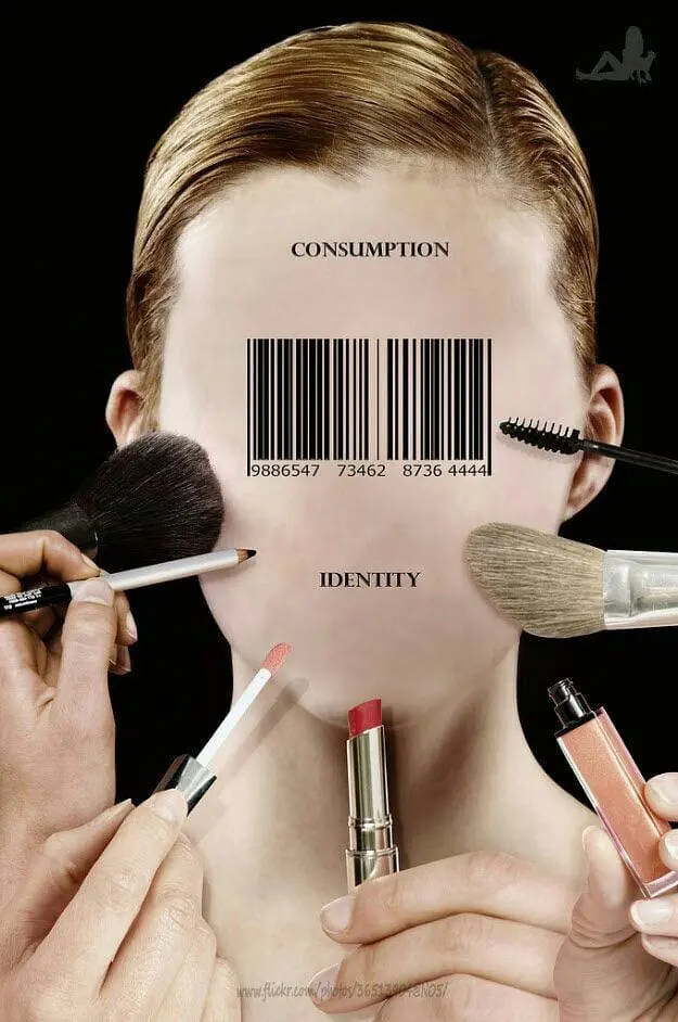 Woman’s face turned into barcode while makeup is applied
