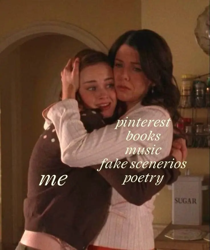 Gilmore Girls meme with labels like “music”, “books”, “fake scenarios”