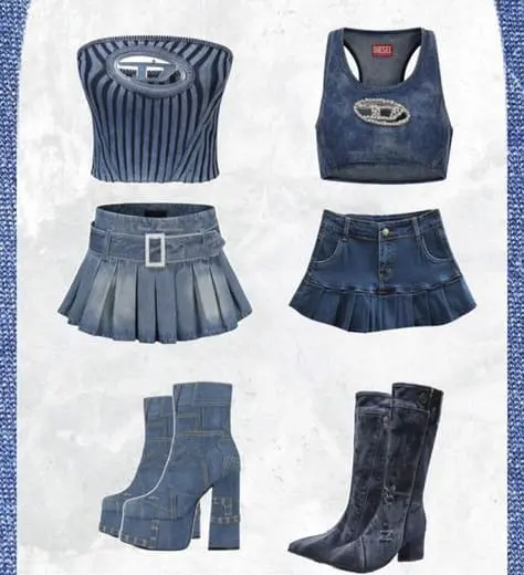 Denim pleated skirts, tops, and boots from Diesel’s Y2K capsule collection