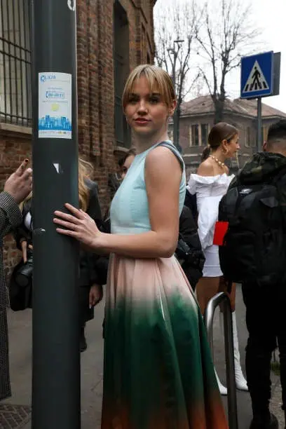 Emma Brooks in ombré dress at Milan Fashion Week FW 2023