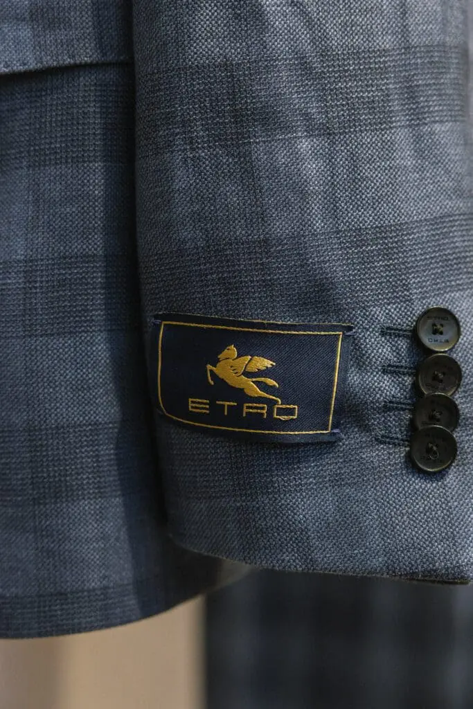 Etro SS26 blue blazer with gold logo patch