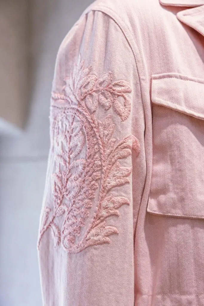Etro SS26 pink jacket with embroidery detail