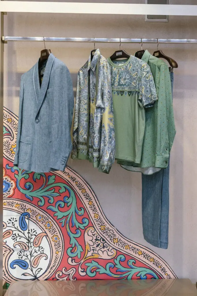 Etro SS26 menswear rack with paisley shirts