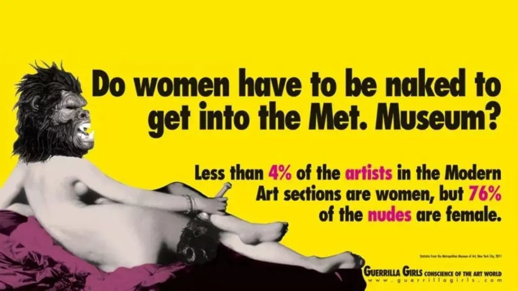 Poster with a reclining nude and gorilla mask, criticizing gender bias in art museums