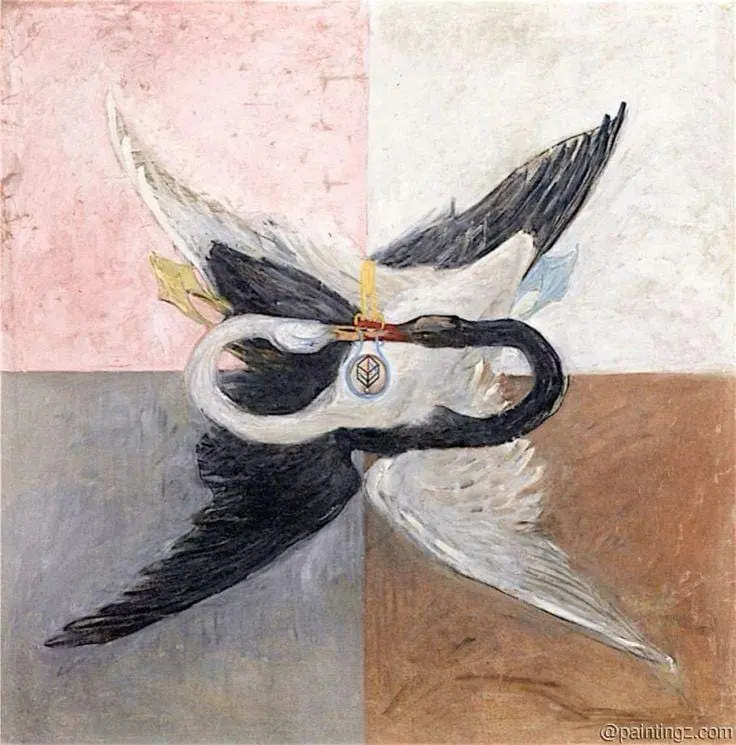 Abstract painting of two swans forming a circular composition with symbolic color quadrants