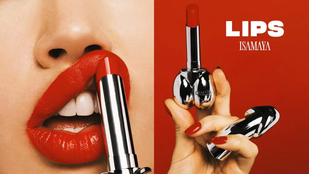 Close-up of red lips and metallic phallic lipstick from Isamaya’s collection