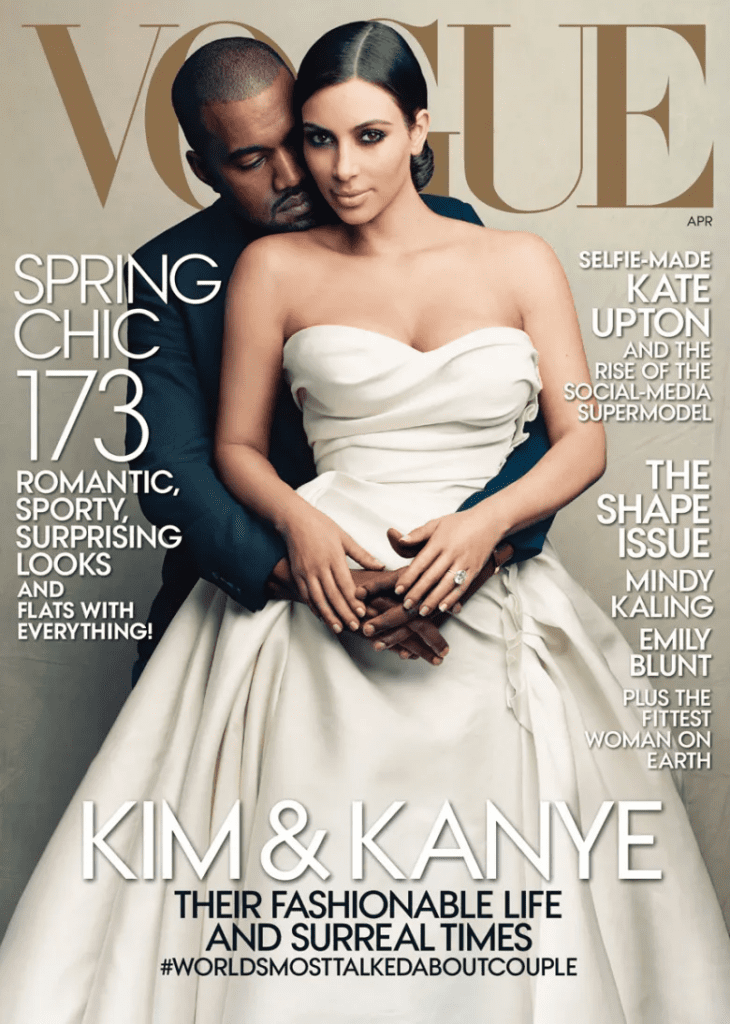 Kim Kardashian and Kanye West in bridal styling on Vogue cover