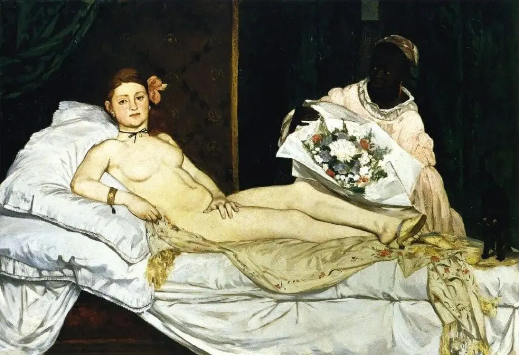 Nude woman reclining on a bed with a servant presenting flowers