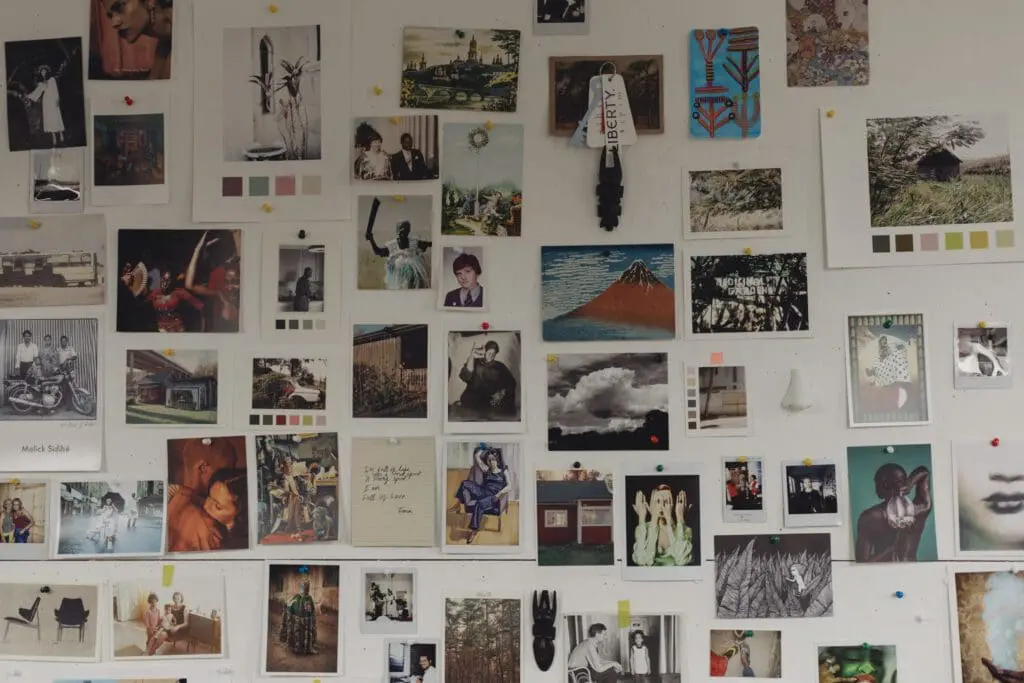 Collage of images, prints, and swatches in Maya Njie’s workspace