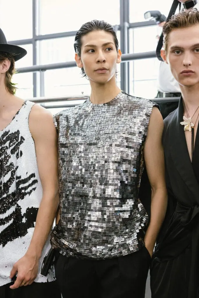 Model with fringe details in moonlit effect at Miguel Vieira SS26