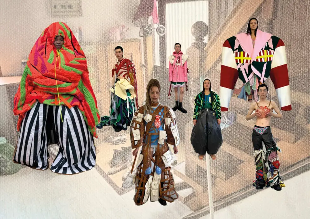 Group of models in exaggerated, theatrical silhouettes from Min-Ji Kim’s MA collection