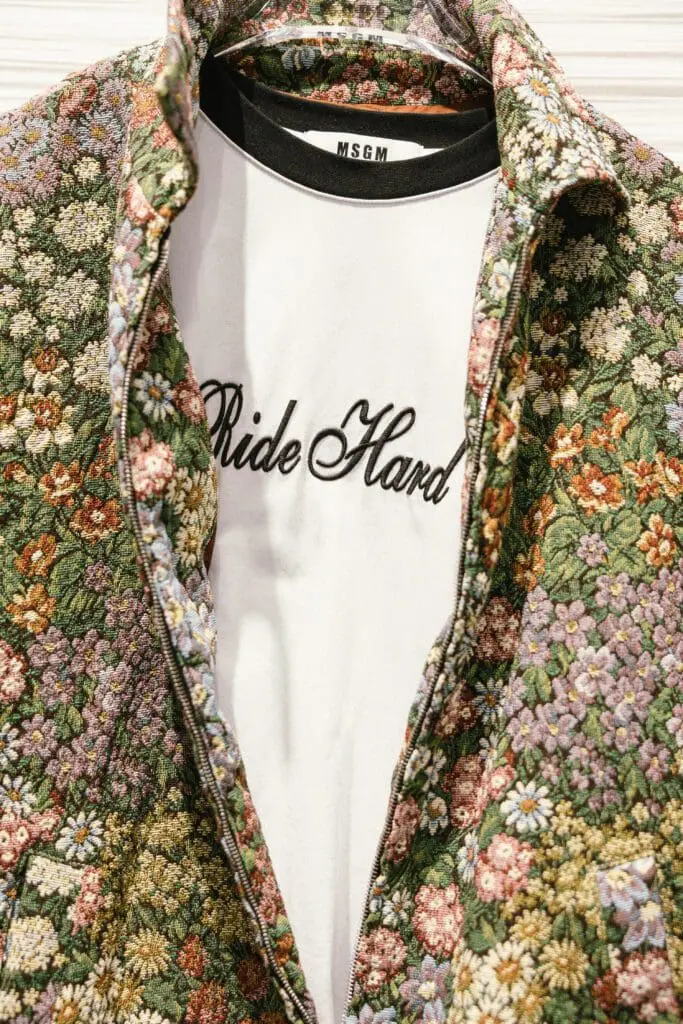 Floral tapestry jacket layered over Ride Hard tee from MSGM SS26