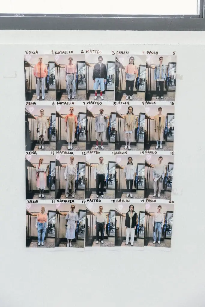 Printed board showing model lineup with outfit photos