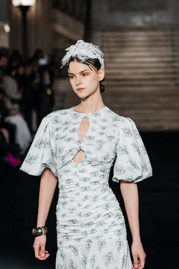 Pale blue ruched dress with puff sleeves