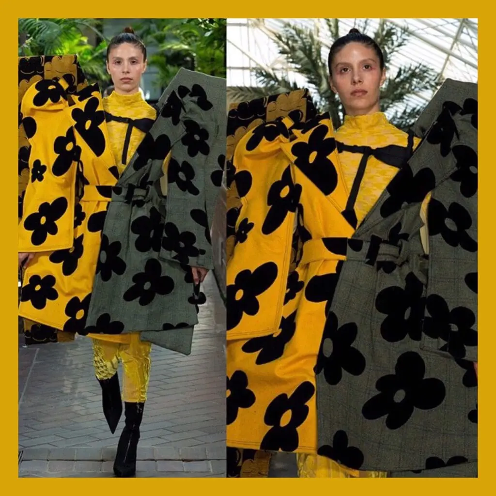 Model in yellow-and-black lenticular floral coat with distorted layering from CSM grad Petra Fagerstrom
