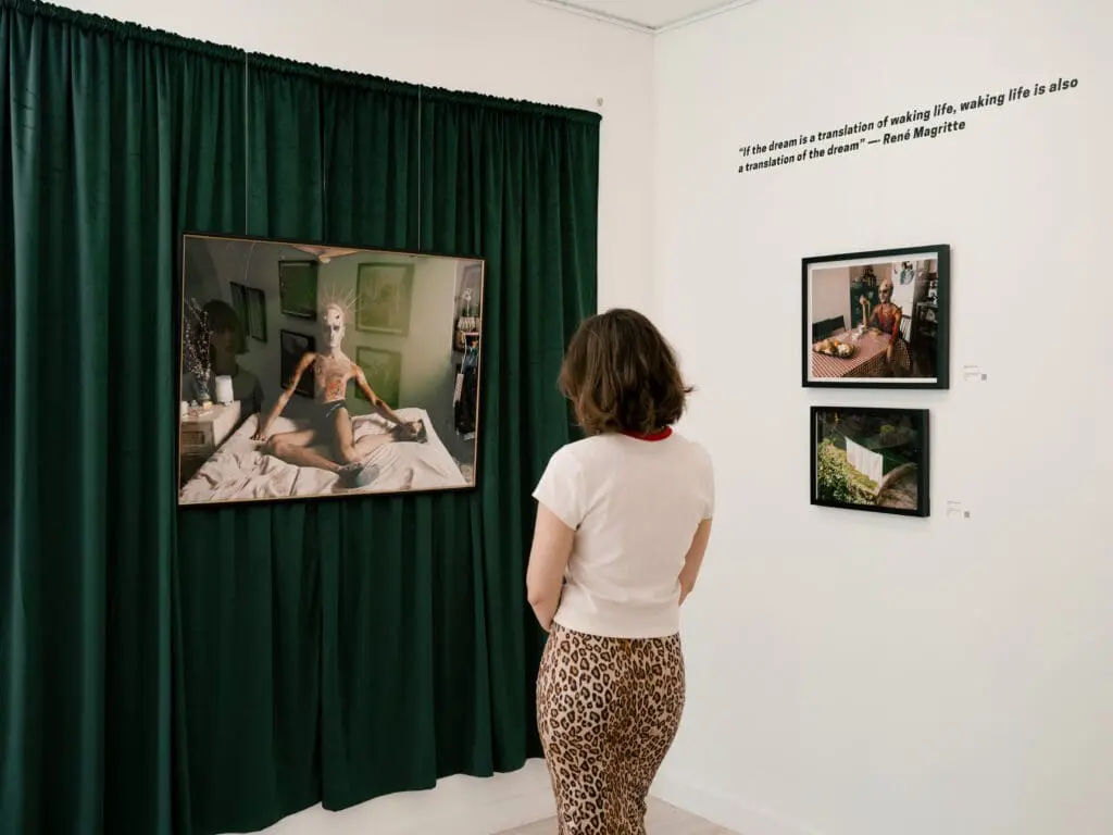 Exhibition view of surreal portrait from “Proof of Existence” on green curtain
