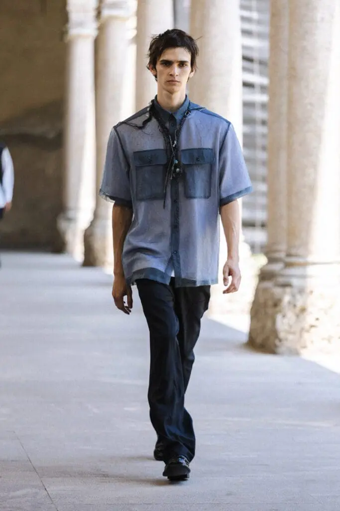 QASIMI SS26 look with raw hems at Milan Fashion Week