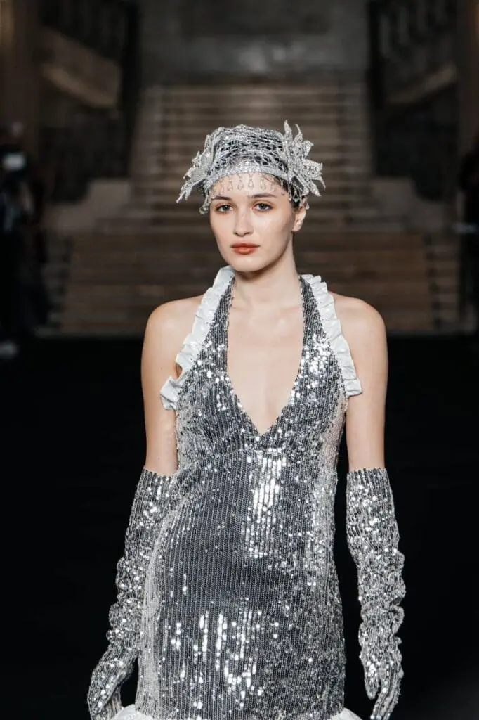 Silver sequin dress with headpiece and gloves