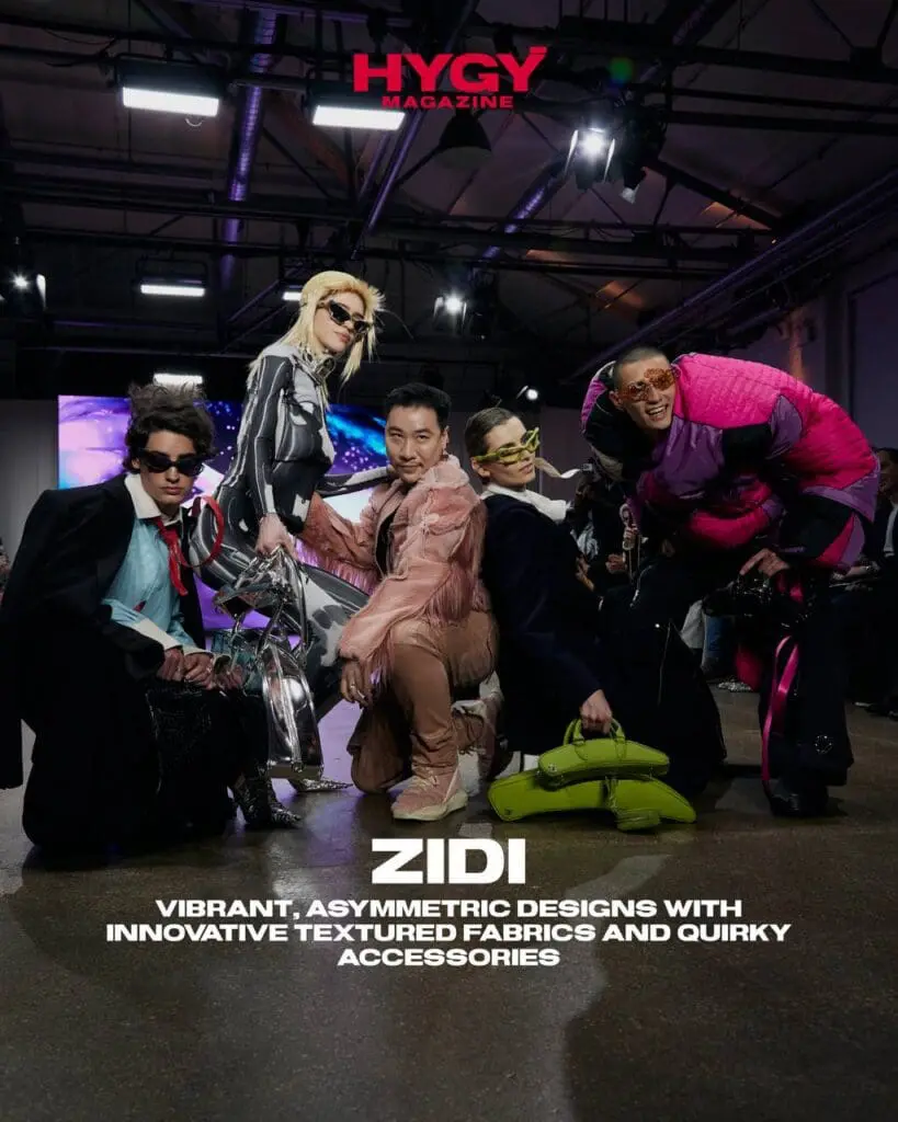 ZIDI designer and models pose on the LFW runway with vibrant asymmetric looks and quirky accessories.