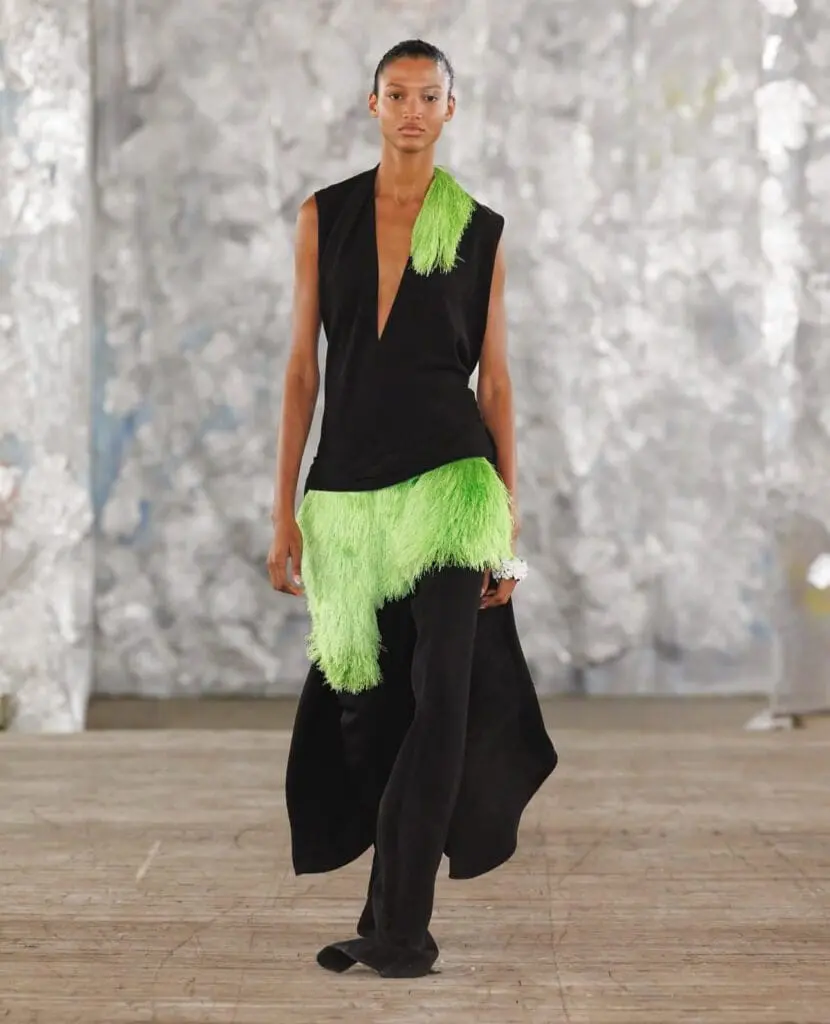 Diotima model in neon green and black dress NYFW runway