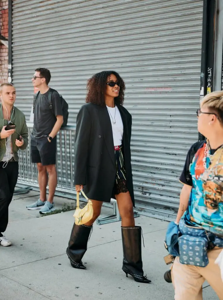 NYFW street style woman in black blazer and mini dress