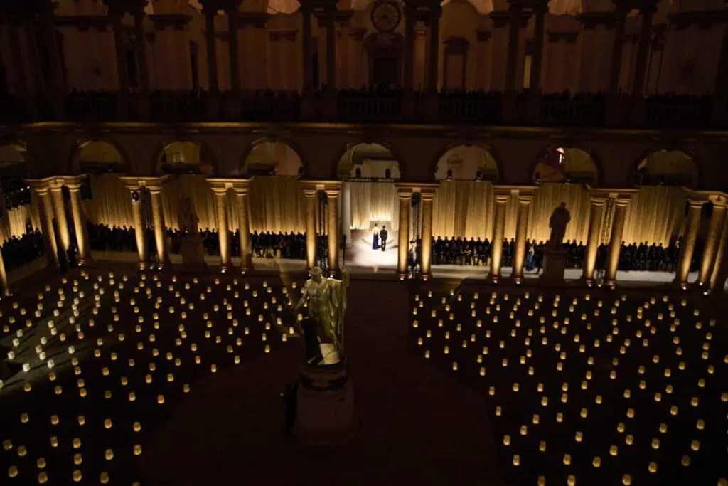 Wide view of Armani farewell runway with candlelit Pinacoteca