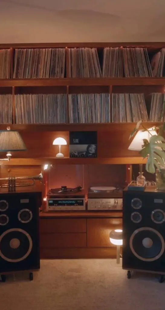 Vintage wooden vinyl listening room with speakers