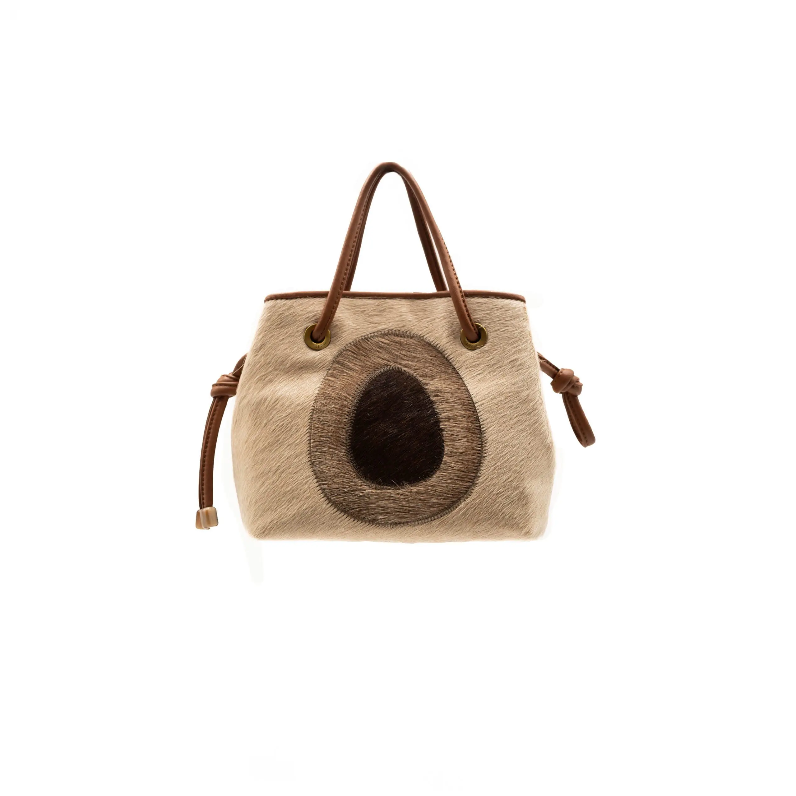 beige pony hair tote with brown handles and oval motif