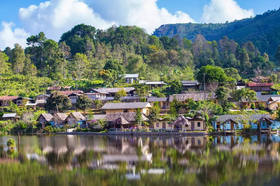 Pai lakeside village and mountains in Northern Thailand