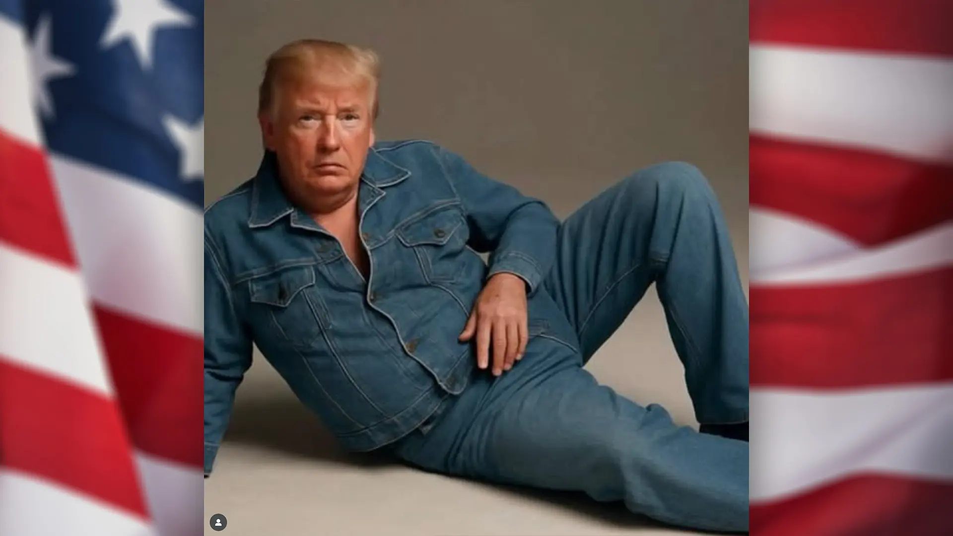 Political figure in denim outfit used as a meme reference