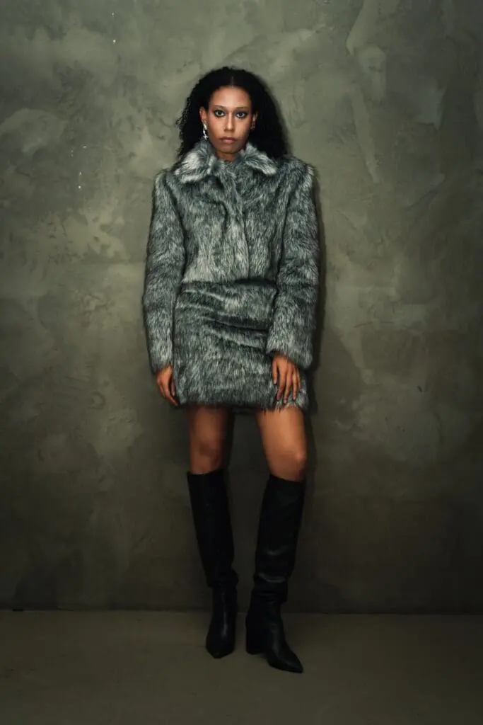 Textured grey faux fur set with knee-high boots
