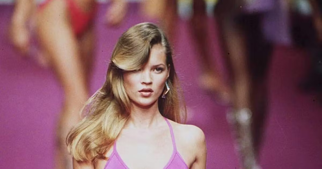 90s runway model pink slip dress purple background