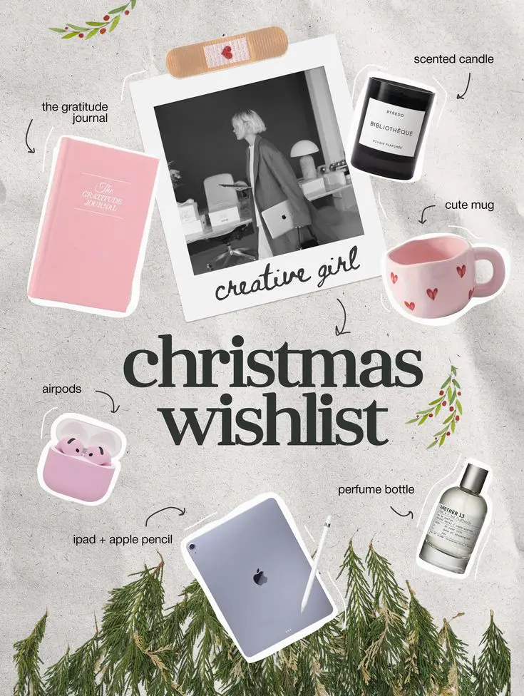 Christmas wishlist moodboard with beauty and tech gifts