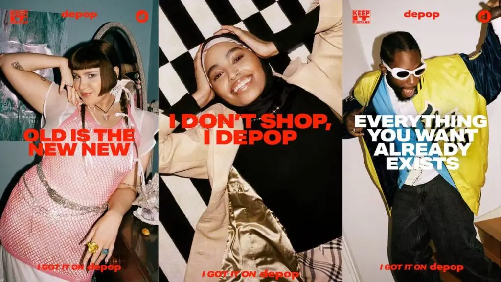 Depop campaign triptych with bold resale slogans