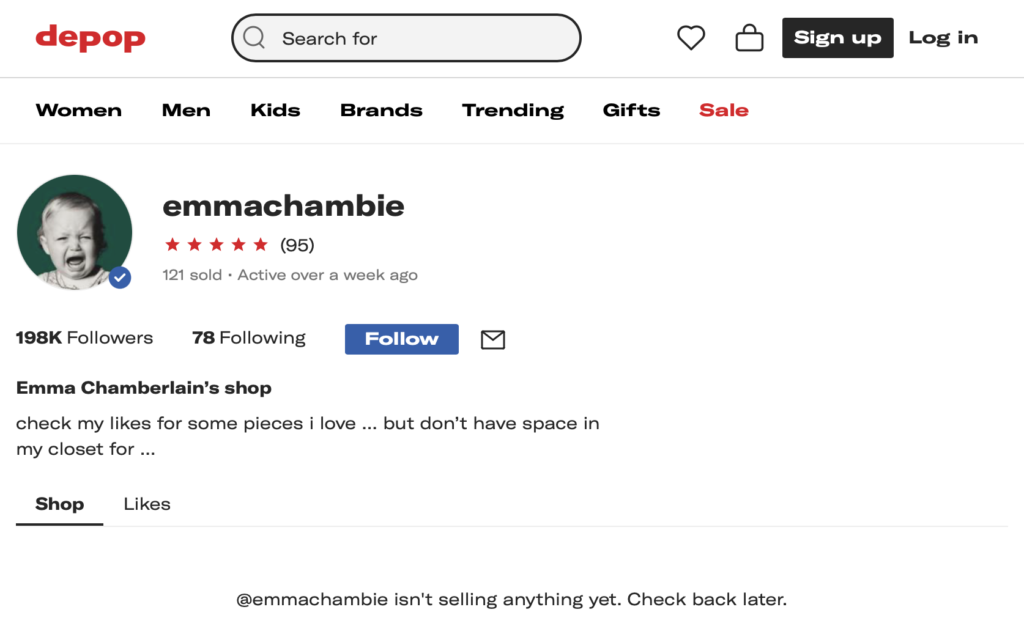 Emma Chamberlain Depop profile screenshot