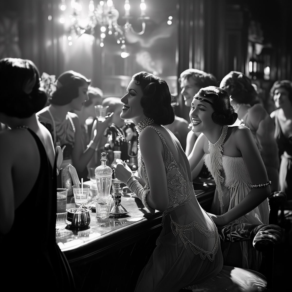 1920s flapper nightlife black and white bar scene