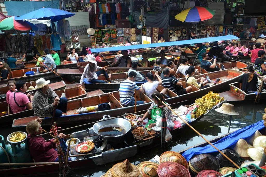Floating market boats and vendors, Southeast Asia market