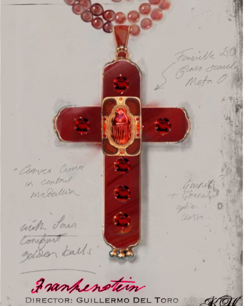 Red scarab cross necklace design for Elizabeth in del Toro’s Frankenstein