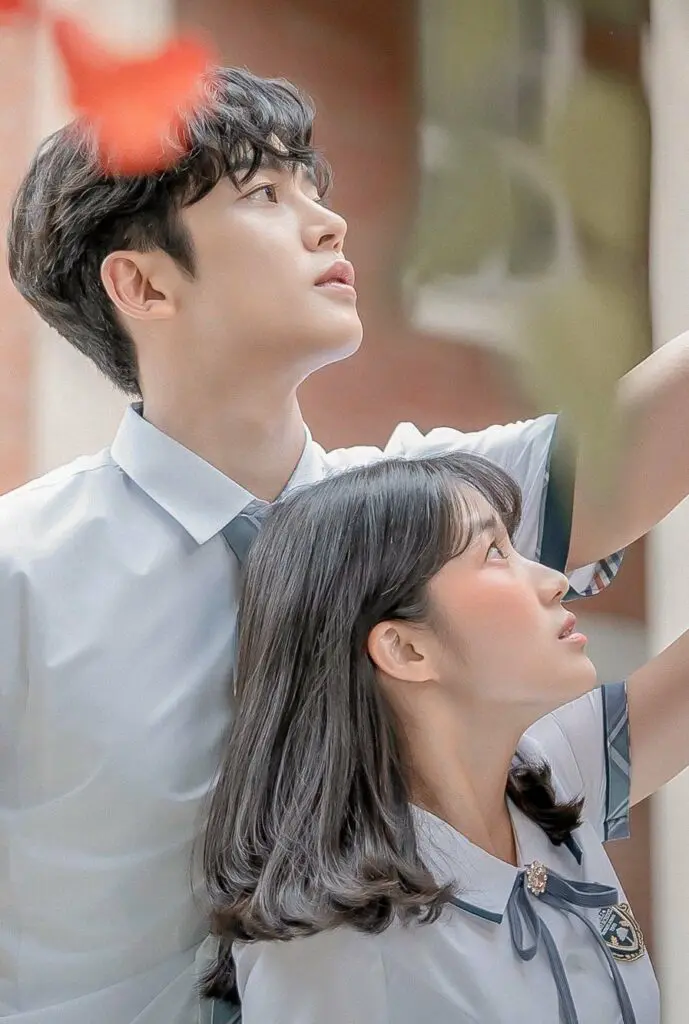 K-drama romance close-up with soft blush mood