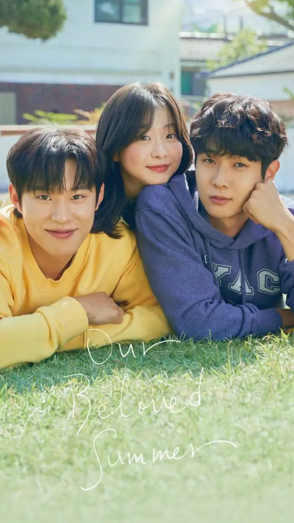 K-drama still of friends on grass, warm romance mood