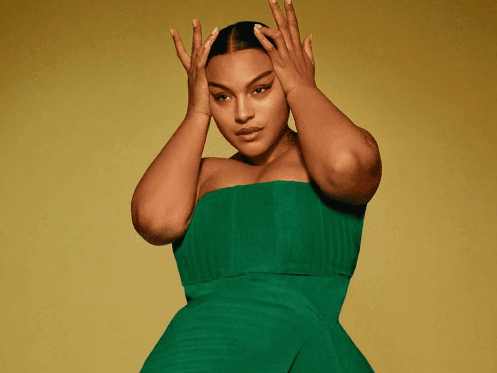 plus-size model strapless green fringe dress editorial